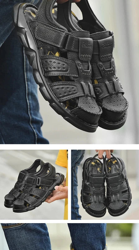 Summer Leather Men's Sandals Outdoor Beach Slippers Hiking Non-slip Flat Shoes