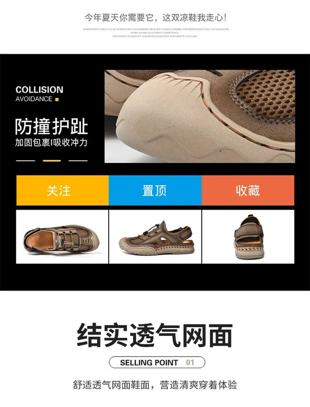 Summer Men's Leather Outdoor Beach Sandals Breathable Shoes Handmade Slippers
