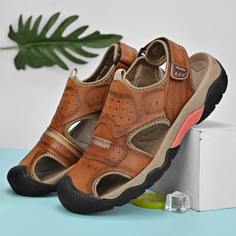 Summer Men Genuine Leather Sandals Non-slip Beach Slippers Handmade Sneakers