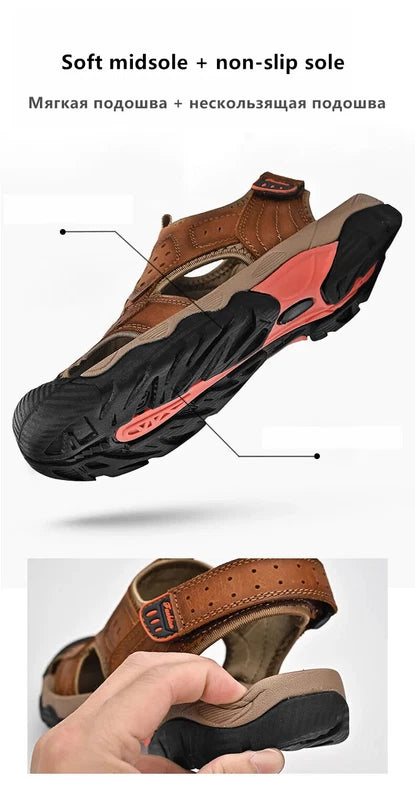 Summer Men Genuine Leather Sandals Non-slip Beach Slippers Handmade Sneakers