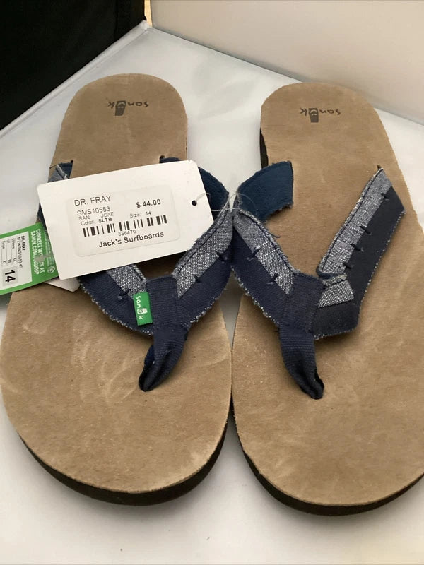 Sanuk Flip Flops Mens Blue Suede Leather Canvas Comfort Sandals Slippers Dr Fray