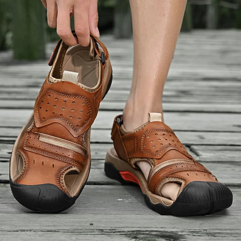 Summer Men Genuine Leather Sandals Non-slip Beach Slippers Handmade Sneakers
