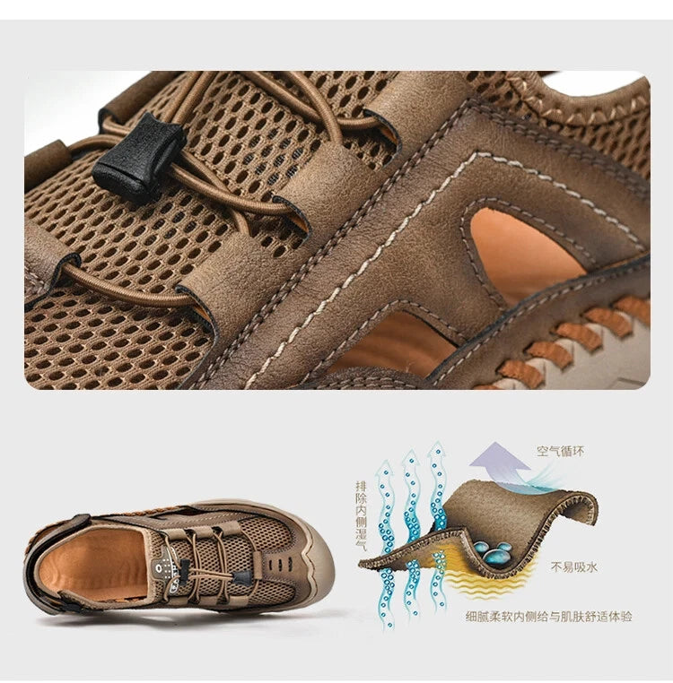 Summer Men's Leather Outdoor Beach Sandals Breathable Shoes Handmade Slippers