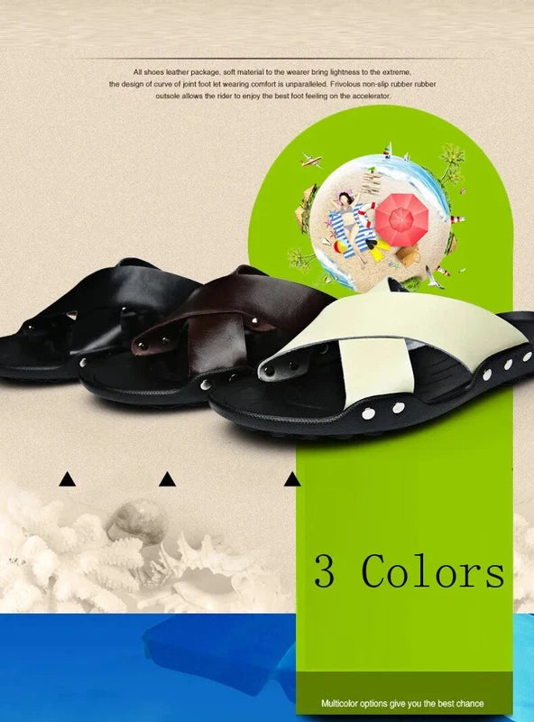 Summer Mens Slippers Cow Leather Beach Sandals Lightweight Comfy Flip Flops