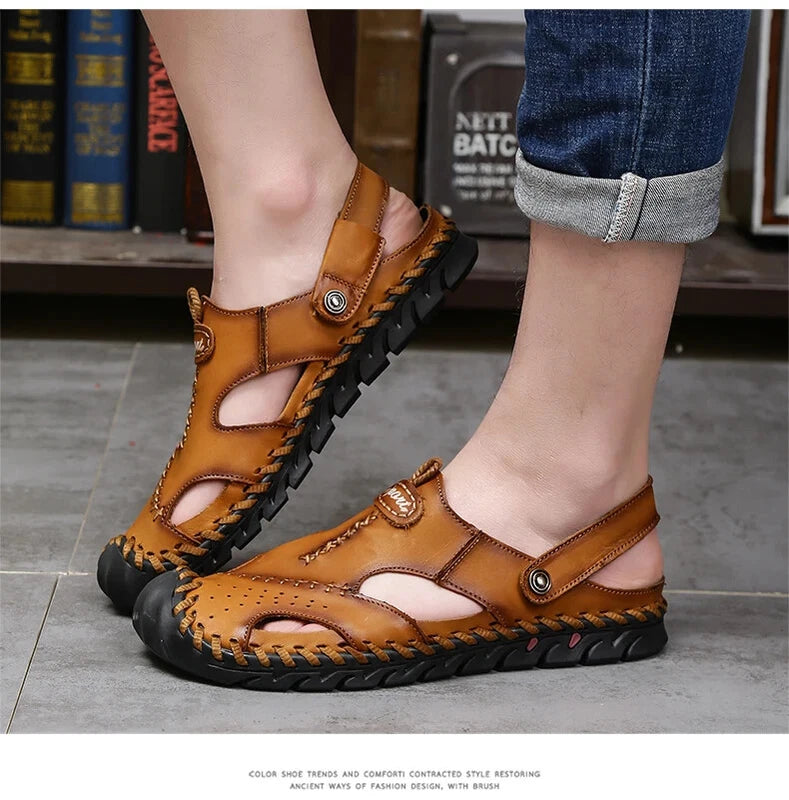 Summer Men Sandals Soft Breathable Slippers Leather Handmade Soft Beach Sneakers