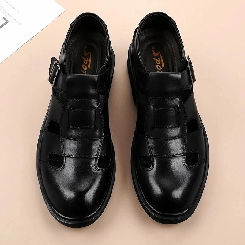 Summer Hollow Leather Shoes Men's Casual Sandals Breathable Lightweight Slippers