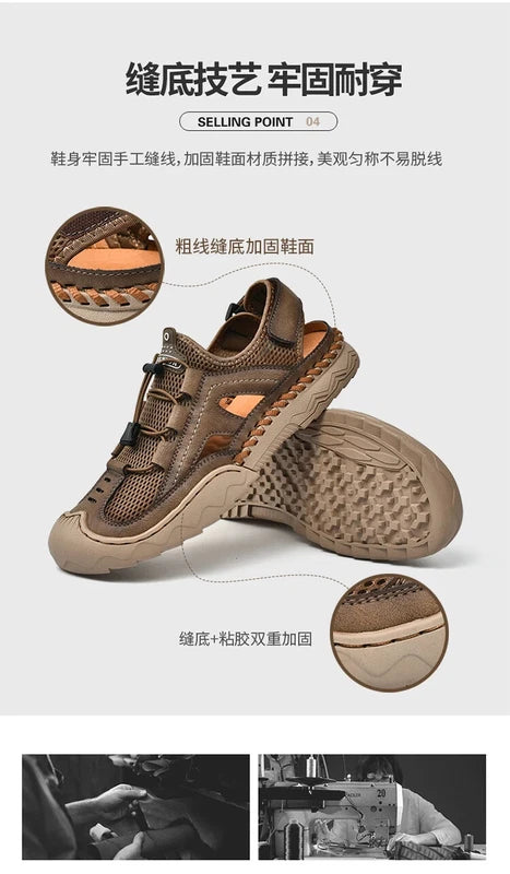 Summer Men's Leather Outdoor Beach Sandals Breathable Shoes Handmade Slippers