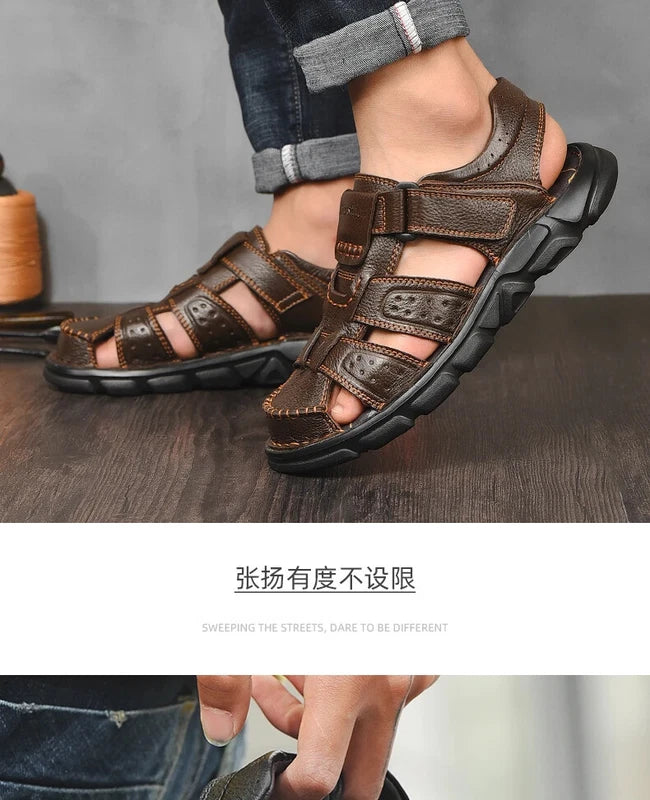Summer Leather Men's Sandals Outdoor Beach Slippers Hiking Non-slip Flat Shoes