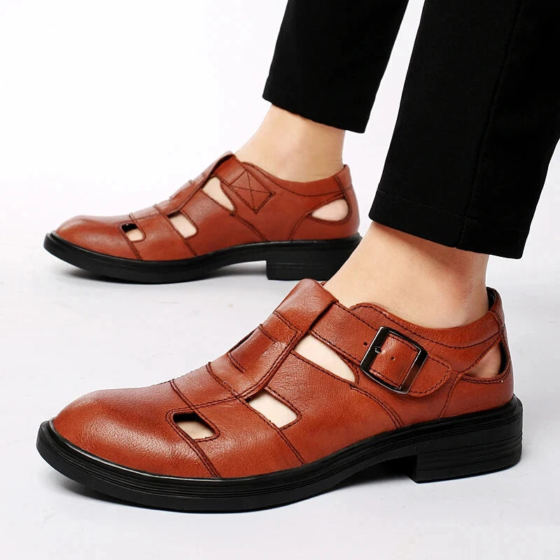 Summer Hollow Leather Men's Casual Sandals Breathable Flat Soft Sole Shoes
