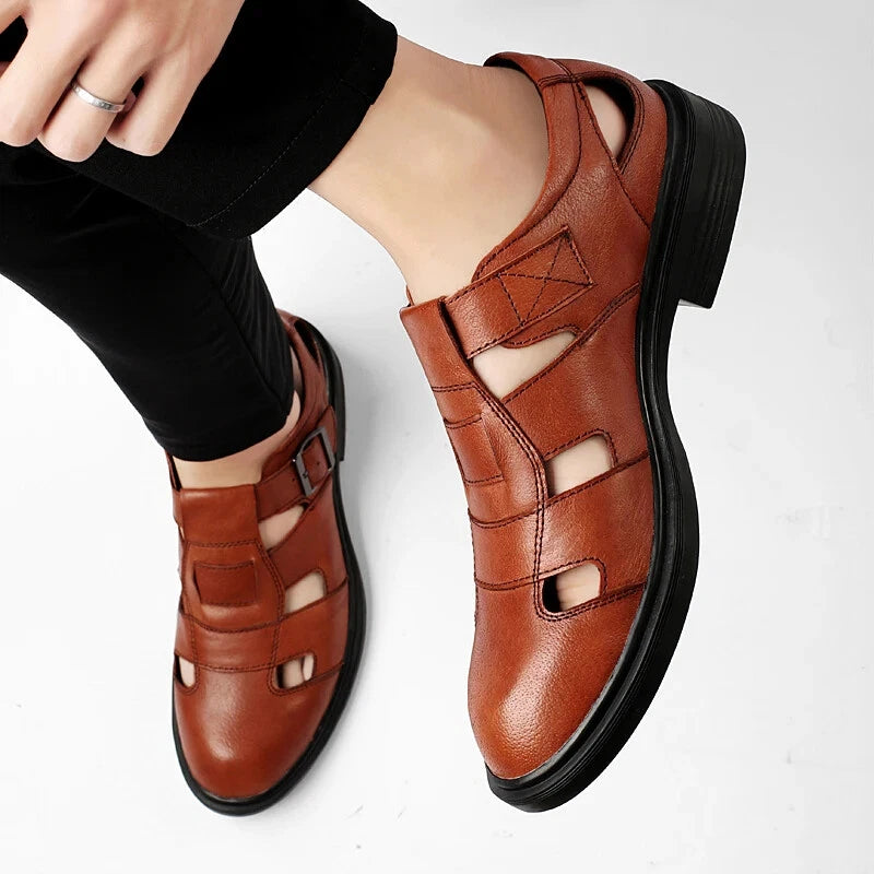 Summer Hollow Leather Men's Casual Sandals Breathable Flat Soft Sole Shoes