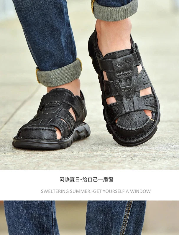 Summer Leather Men's Sandals Outdoor Beach Slippers Hiking Non-slip Flat Shoes