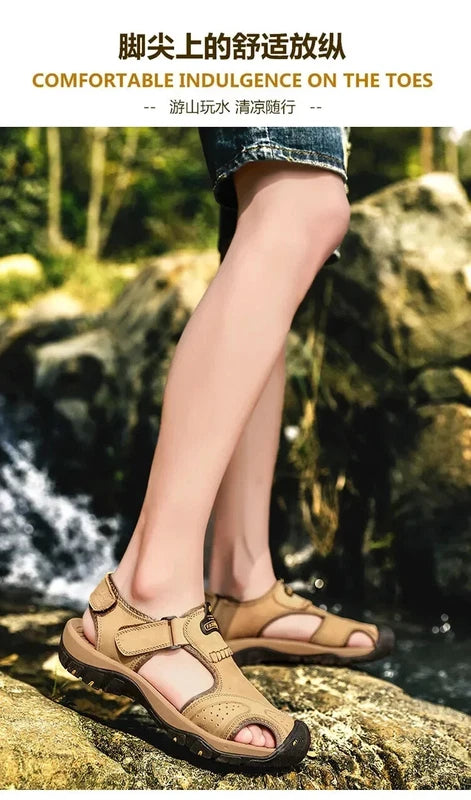 Summer Men Leather Sandals Soft-Soled Comfort Slippers Breathable Beach Shoes