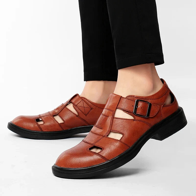 Summer Hollow Leather Men's Casual Sandals Breathable Flat Soft Sole Shoes