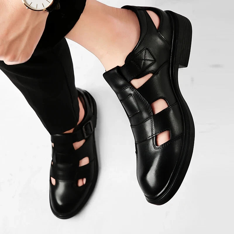 Summer Hollow Leather Shoes Men's Casual Sandals Breathable Lightweight Slippers