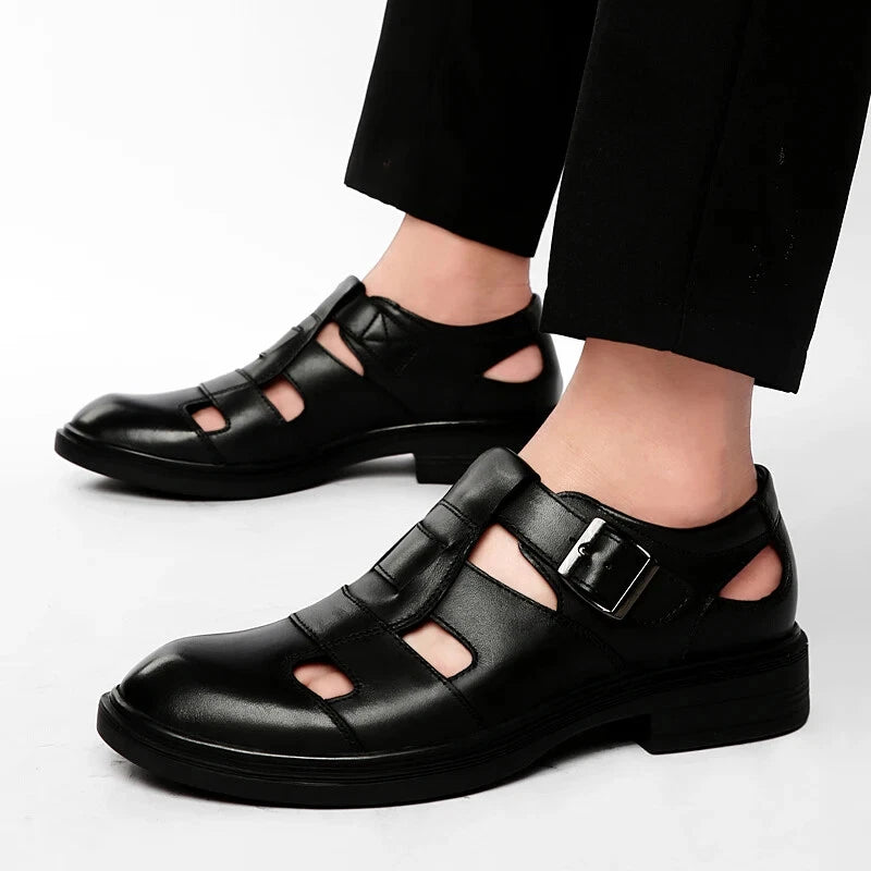 Summer Hollow Leather Shoes Men's Casual Sandals Breathable Lightweight Slippers