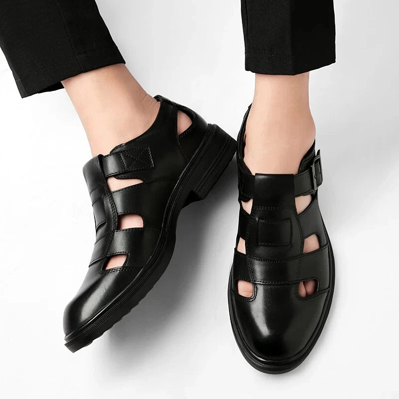 Summer Hollow Leather Shoes Men's Casual Sandals Breathable Lightweight Slippers