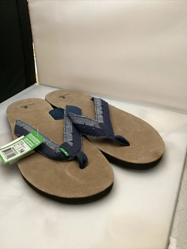 Sanuk Flip Flops Mens Blue Suede Leather Canvas Comfort Sandals Slippers Dr Fray