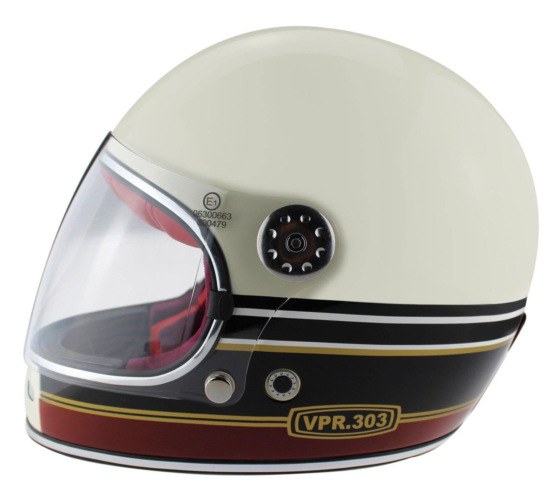 VPR.303 F656 Fiberglass Full Face Retro Helmet Stripes Cream/Burgundy Matt