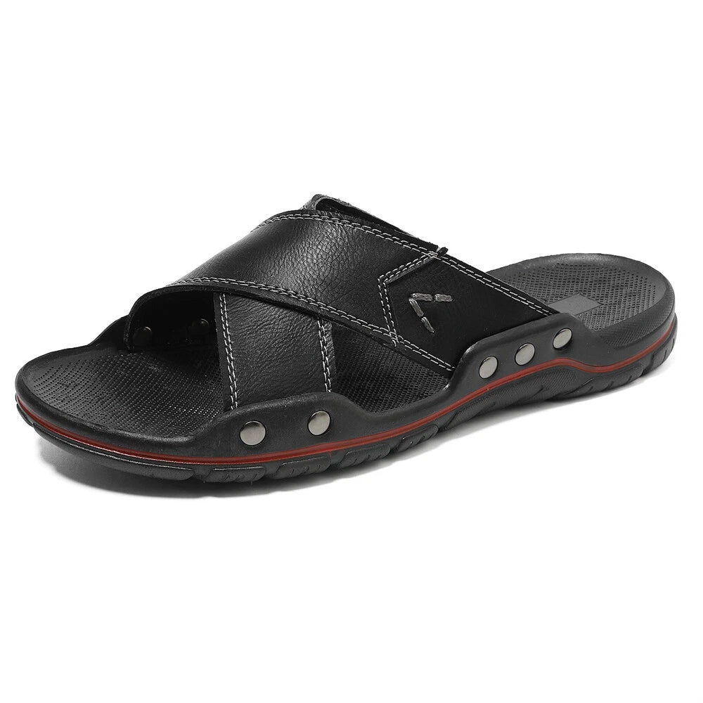 Men's Slipper Genuine Leather Open Toe Casual Slip On Beach Sandal