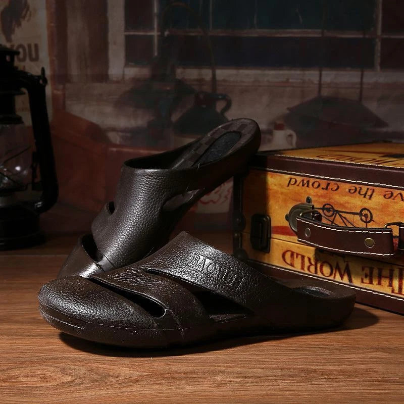 Mens PU Leather Closed Toe Mules Slippers Beach Slides Sandals Shoes
