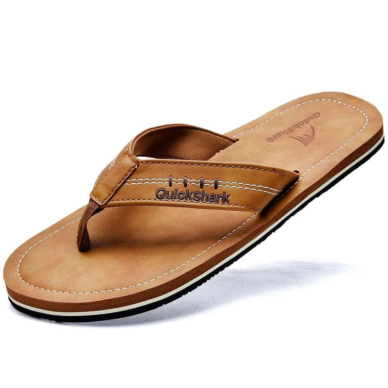 Men's Leather Thong Sandals Flip Flops w/ Arch Support, Beach Slippers