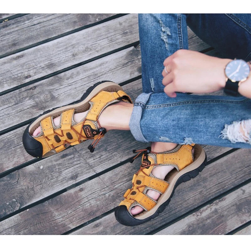 Men's Leather Sandals Closed Toe Beach Nonslip Summer Outdoor Sport Hiking Shoes