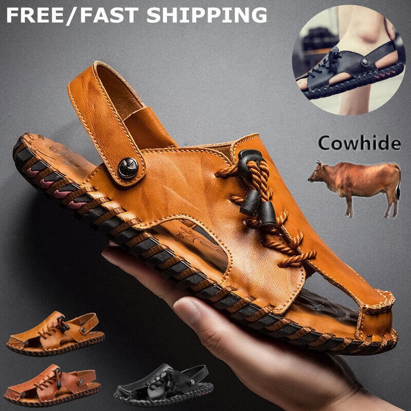 Mens Genuine Leather Beach Shoes Casual Sandals Summer Sports Soft Slippers