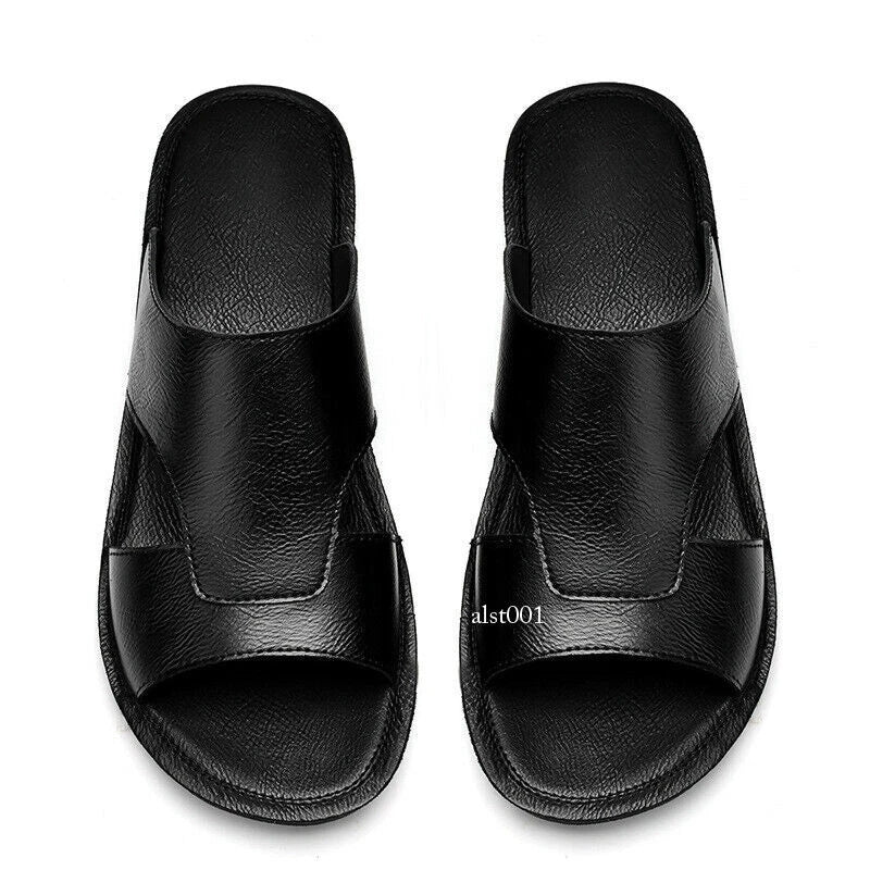 Mens Leather Open Toe Flats Slip on Slides Summer Beach Casual Slippers Shoes Sz
