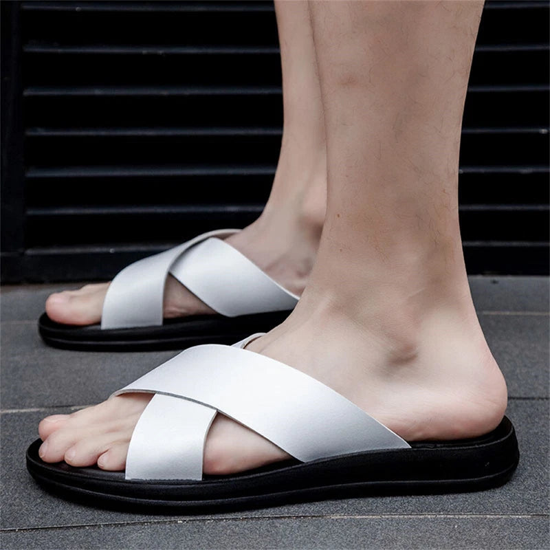 Men's Genuine Leather Slide Sandal Men's Outdoor Sports Slippers Beach Sandals