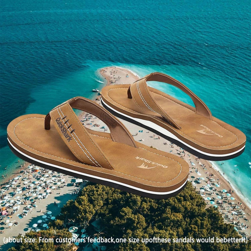 Men's Leather Thong Sandals Flip Flops w/ Arch Support, Beach Slippers