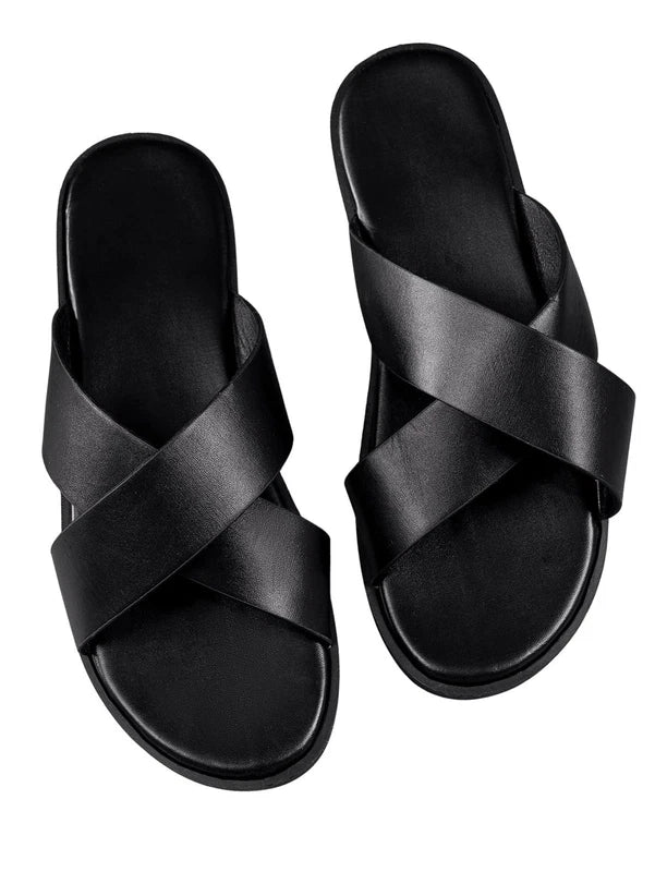 Men's PU Leather Cross Strap Slide Sandals, Summer Beach Footwear Slippers
