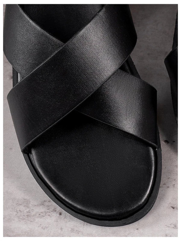 Men's PU Leather Cross Strap Slide Sandals, Summer Beach Footwear Slippers