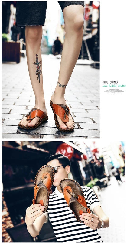 Men's Sandals Summer Outdoor Beach Leather Flip Flops Slippers Casual Shoes