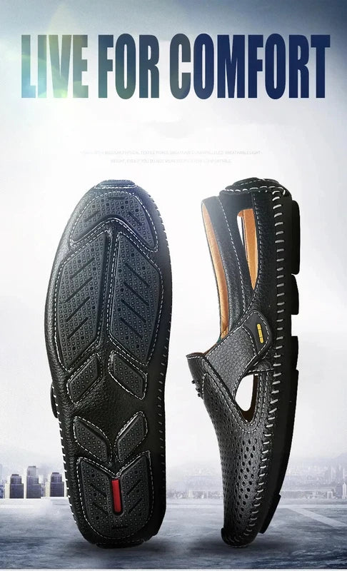 Men's Sandals Summer Leather Breathable Beach Slippers Flat Soft-Soled Shoes