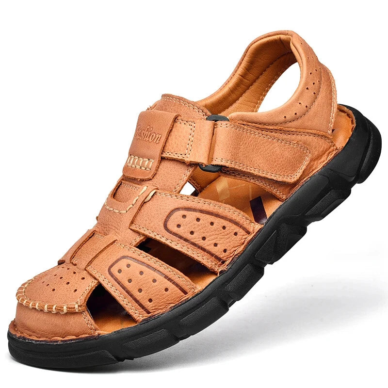Leather Men Sandals Slip-on Lightweight Soft Hiking Shoes Beach Casual Slippers