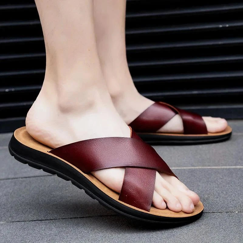 Men Shoes Italian Leather Slippers Men Beach Summer Shoes High Quality Big Size