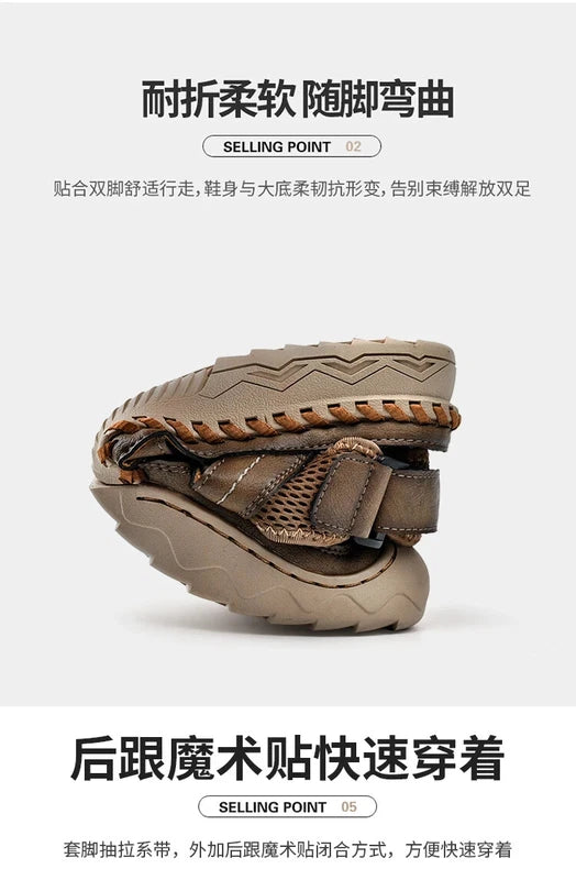 Summer Men's Leather Outdoor Beach Sandals Breathable Shoes Handmade Slippers
