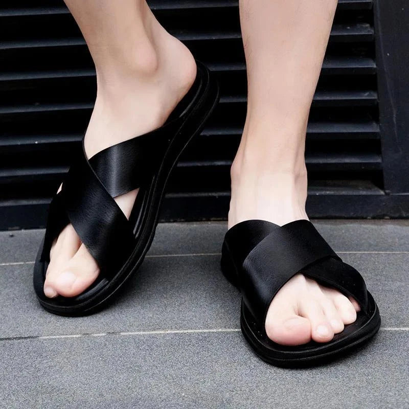 Men Shoes Italian Leather Slippers Men Beach Summer Shoes High Quality Big Size