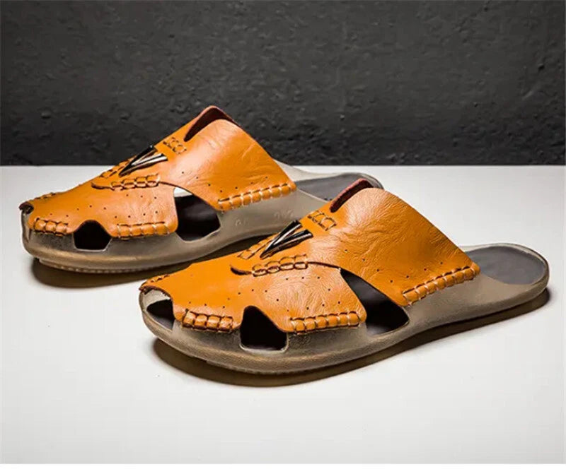 Men's Closed Toe Leather Slippers Non Slip Sandals Walking Fishing Beach Shoes