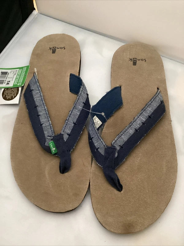 Sanuk Flip Flops Mens Blue Suede Leather Canvas Comfort Sandals Slippers Dr Fray