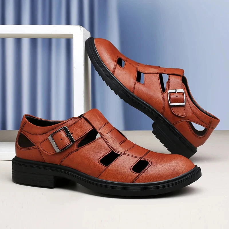 Summer Hollow Leather Shoes Men's Casual Sandals Breathable Lightweight Slippers