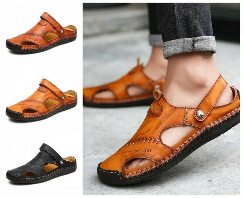 Men's Sport Close Toe Sandals Summer Leather Shoes Beach Fisherman Flat Slippers