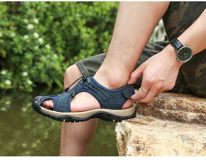 Breathable Men's Sandals Leather Non Slip Beach Slippers Comfort Casual Shoes