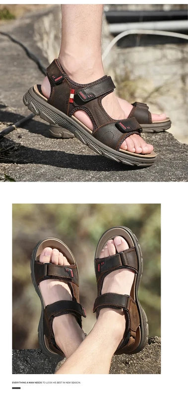 Classic Men's Sandals Leather Beach Casual Shoes Wading Outdoor Flat Slippers