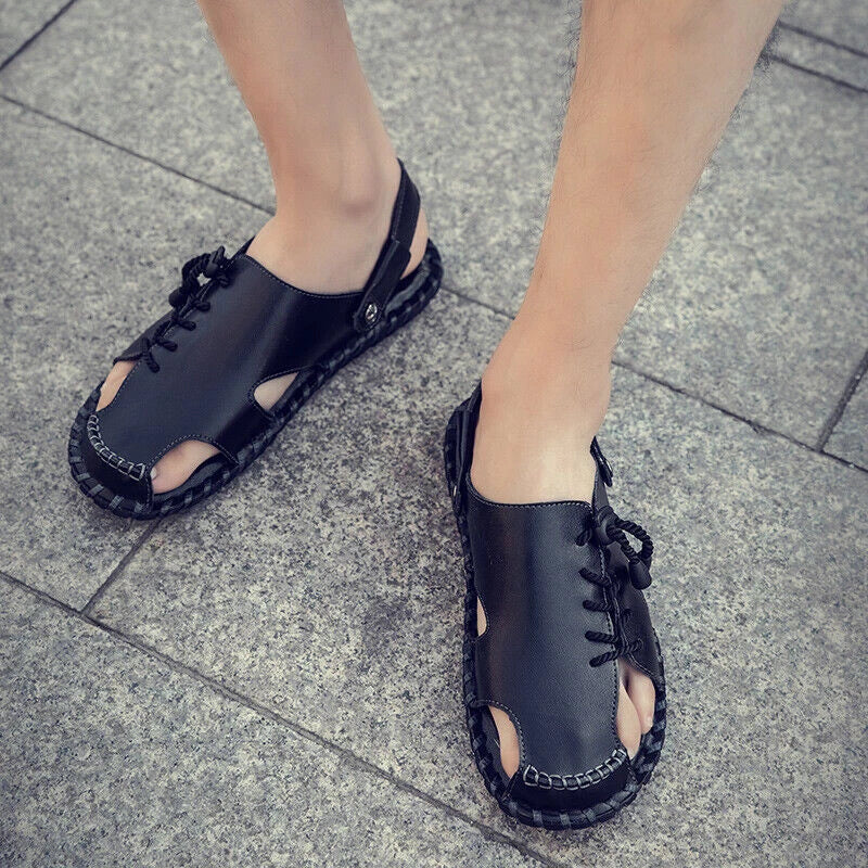 Mens Genuine Leather Beach Shoes Casual Sandals Summer Sports Soft Slippers