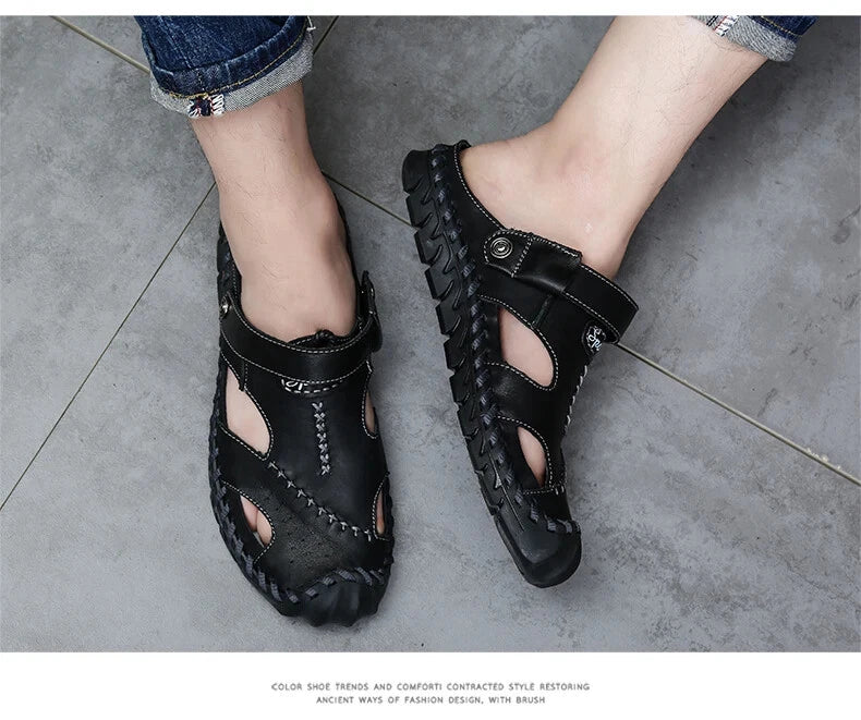 Summer Men Sandals Soft Breathable Slippers Leather Handmade Soft Beach Sneakers