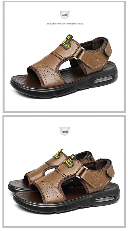 Men's Summer Cow Leather Sandals Designer Leisure Shoes Outside Beach Slippers
