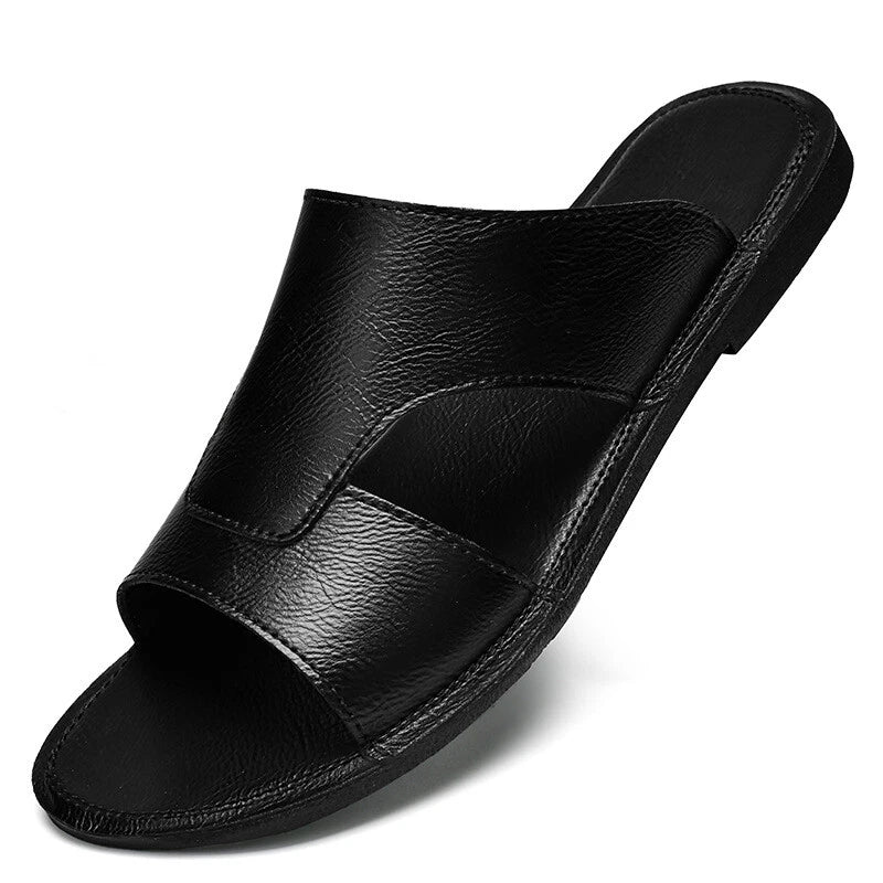 Mens Leather Open Toe Flats Slip on Slides Summer Beach Casual Slippers Shoes Sz
