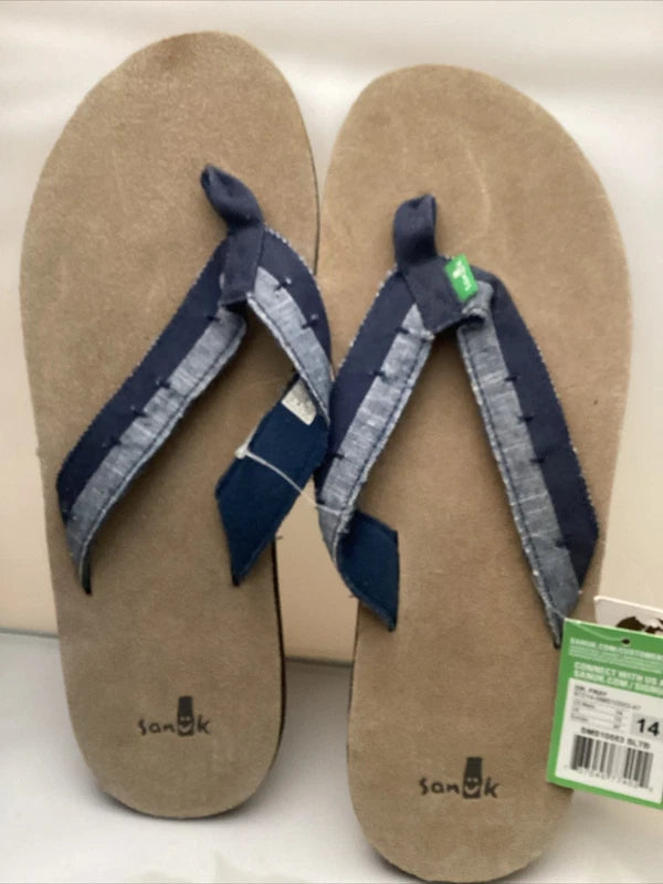Sanuk Flip Flops Mens Blue Suede Leather Canvas Comfort Sandals Slippers Dr Fray