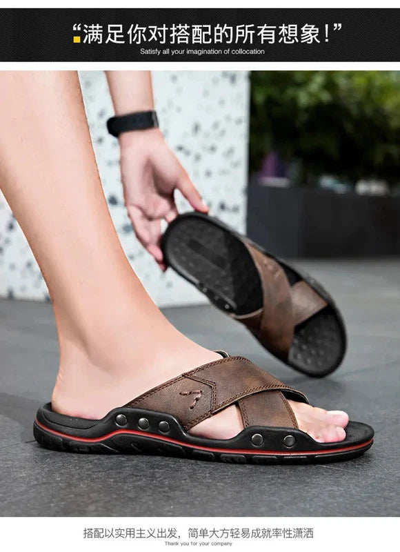 38-48 Plus Size Men's Flats Leather Open Toe Slippers Sandals Summer Beach Shoes